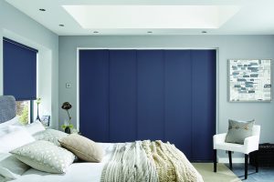 Brenton blue panel blinds. closed
