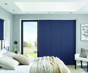 Brenton blue panel blinds. open